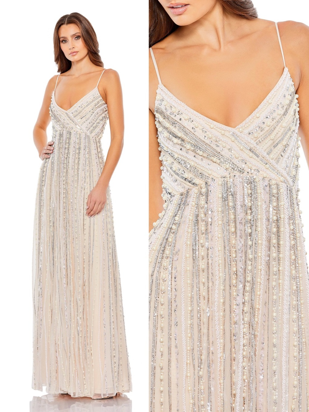 Mac Duggal 93732 Empire V-Neck Spaghetti Strap Gown Size 8 NWTOyster